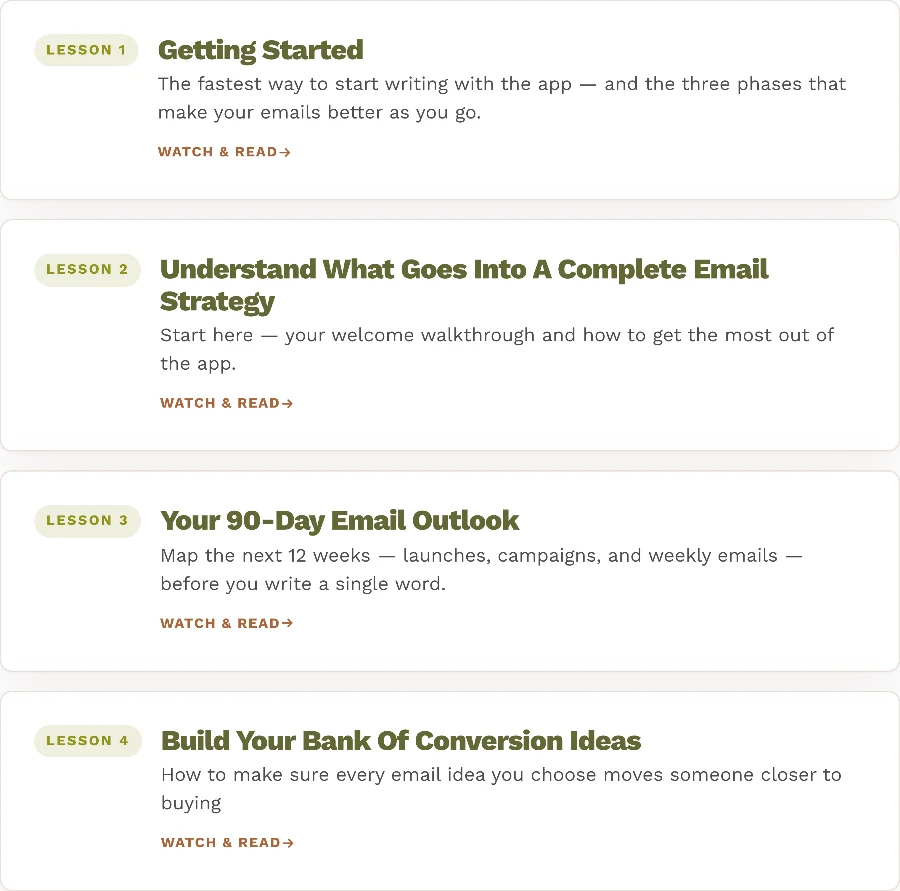 The Learn library with lessons on getting started, what goes into a complete email strategy, your 90-day outlook and building your bank of conversion ideas.
