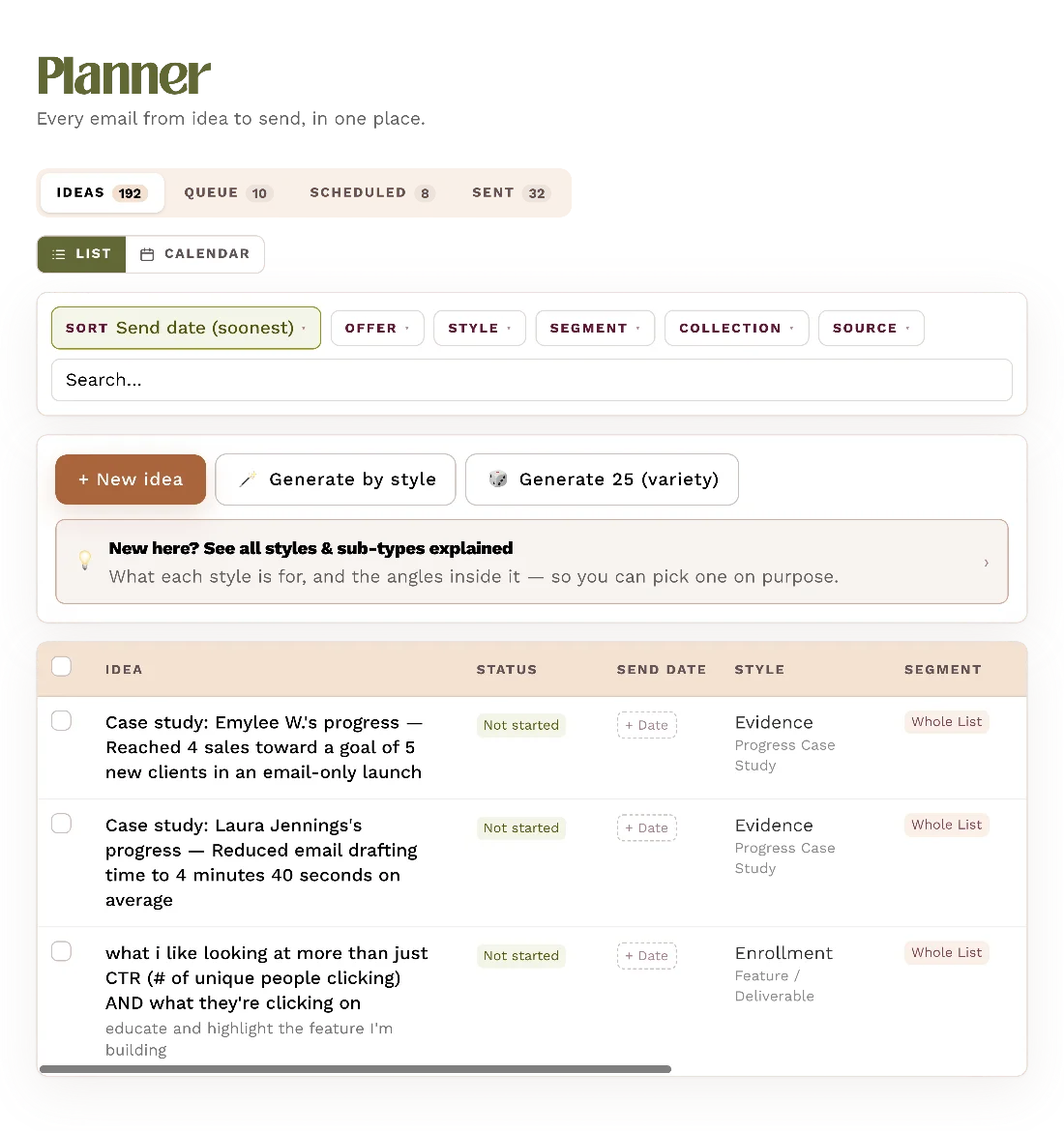 The Planner with tabs for Ideas, Queue, Scheduled and Sent, buttons to generate ideas, and generated ideas each tagged with a style and offer.