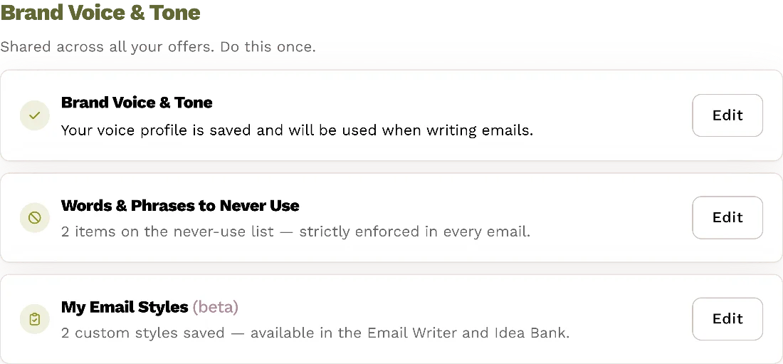 Brand Voice and Tone in the Content Brain, with a saved voice profile, a never-use list and two custom email styles.