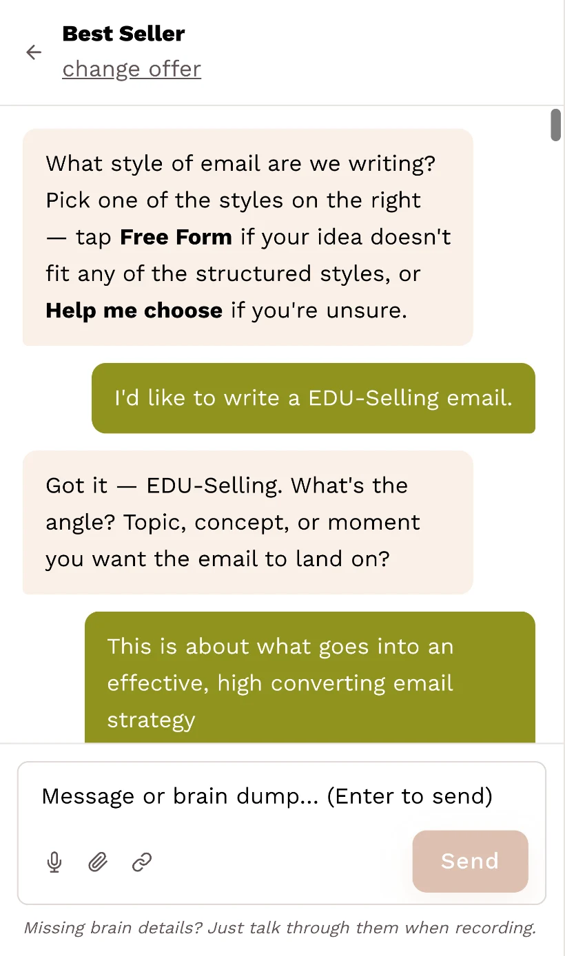 The writer's interview: it asks which style of email and what angle it should land on, and the writer answers in the chat with a voice note option in the composer.